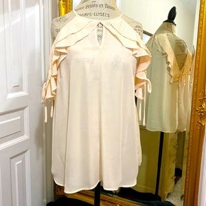 Cream/peach cold shoulder sheer top